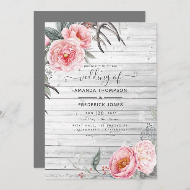 Rustic Pastel Pink and Grey Boho Floral Wedding Invitation (Front/Back)