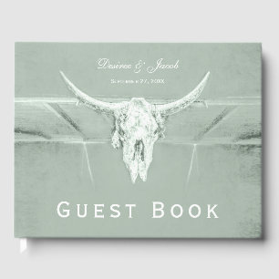 Rustic Pastel Sage Green White Western Cow Skull Guest Book