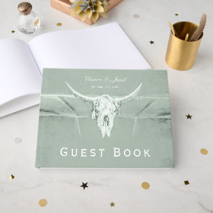 Rustic Pastel Sage Green White Western Cow Skull Guest Book