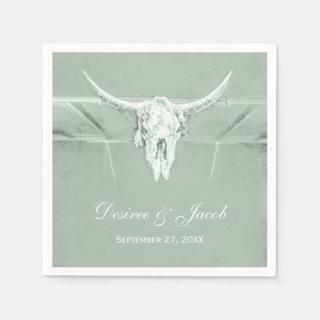 Rustic Pastel Sage Green White Western Cow Skull Napkin (Front)