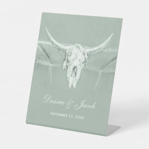 Rustic Pastel Sage Green White Western Cow Skull Pedestal Sign
