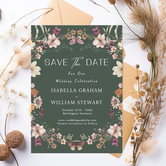 Rustic Pastel Wildflower Dark Green Save The Date Invitation (Creator Uploaded)