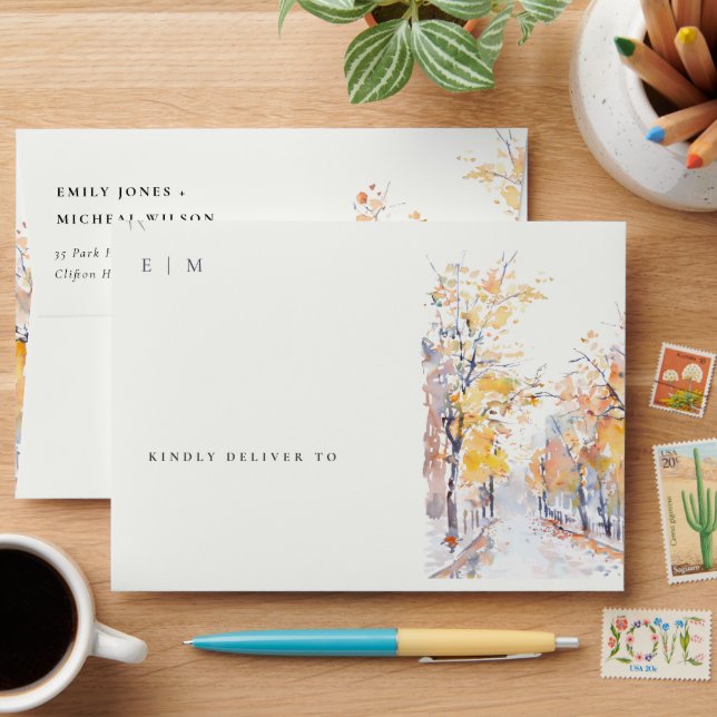 Rustic Pastel Yellow Autumn Fall Landscape Wedding Envelope (Desk)