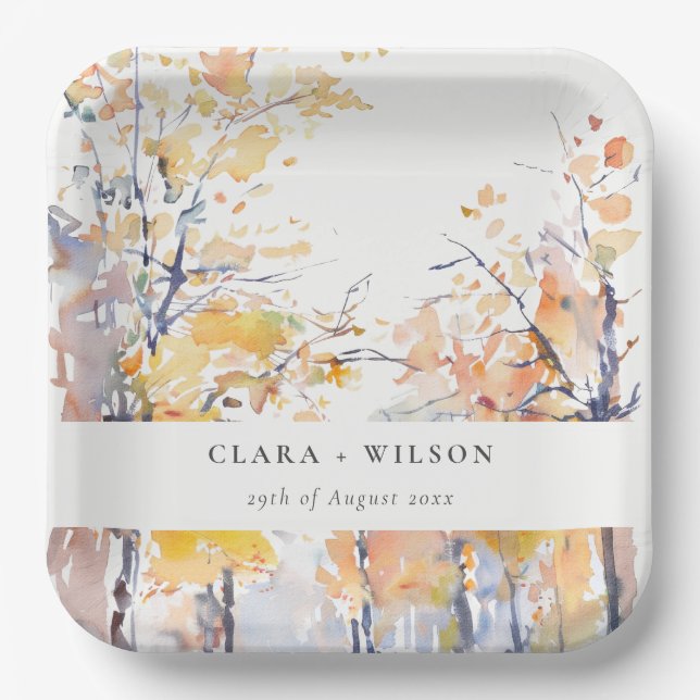 Rustic Pastel Yellow Autumn Fall Landscape Wedding Paper Plate (Front)