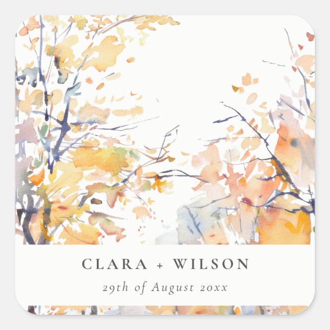 Rustic Pastel Yellow Autumn Fall Landscape Wedding Square Sticker (Front)