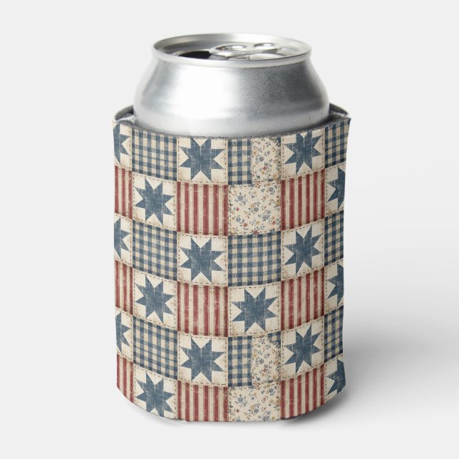 Rustic Patchwork Americana Quilt Pattern Can Cooler (Can Front)
