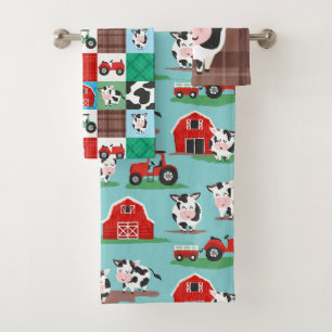 Rustic Patchwork Cow Farm Blue and Red Bath Towel Set