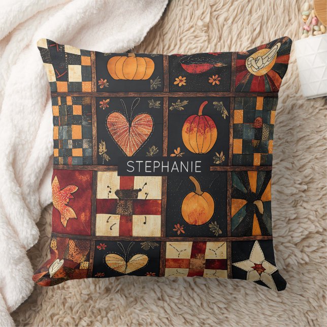 Rustic Patchwork | Folk Art Autumn Quilt Pattern Cushion (Blanket)