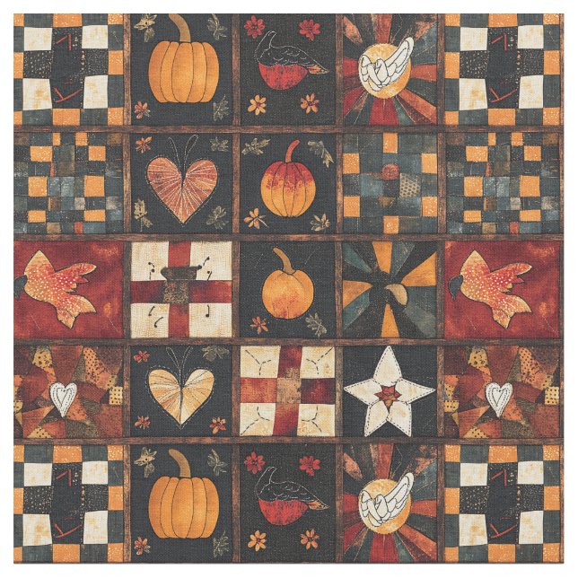 Rustic Patchwork | Folk Art Autumn Quilt Pattern Fabric (Close Up)