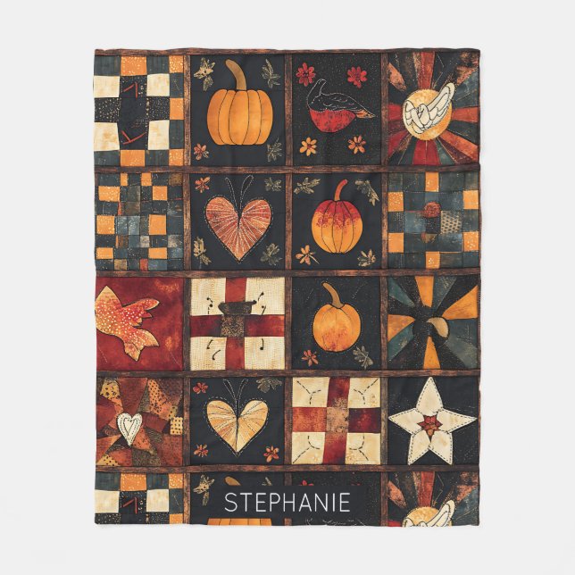 Rustic Patchwork | Folk Art Autumn Quilt Pattern Fleece Blanket (Front)
