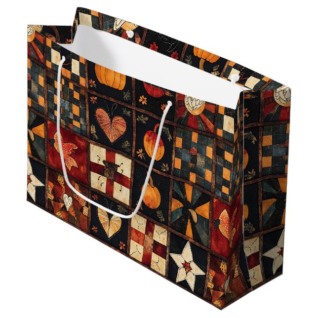 Rustic Patchwork | Folk Art Autumn Quilt Pattern Large Gift Bag (Front Angled)