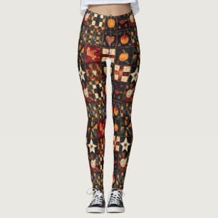 Rustic Patchwork Folk Art Autumn Quilt Pattern Leggings