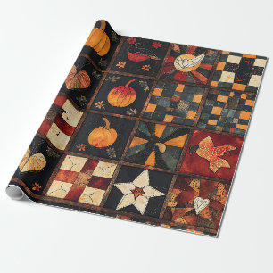 Rustic Patchwork   Folk Art Autumn Quilt Pattern Wrapping Paper