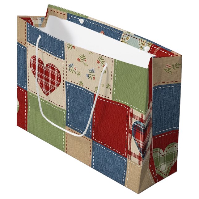 Rustic Patchwork Hearts Picnic Pattern (4) Large Gift Bag (Front Angled)