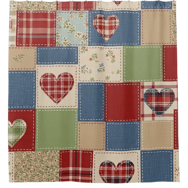 Rustic Patchwork Hearts Picnic Pattern (4) Shower Curtain (Front)