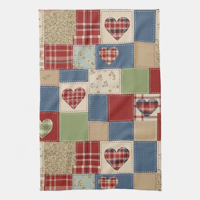 Rustic Patchwork Hearts Picnic Pattern (4) Tea Towel (Vertical)