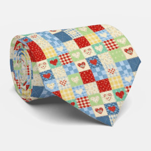 Rustic Patchwork Hearts Picnic Pattern Tie