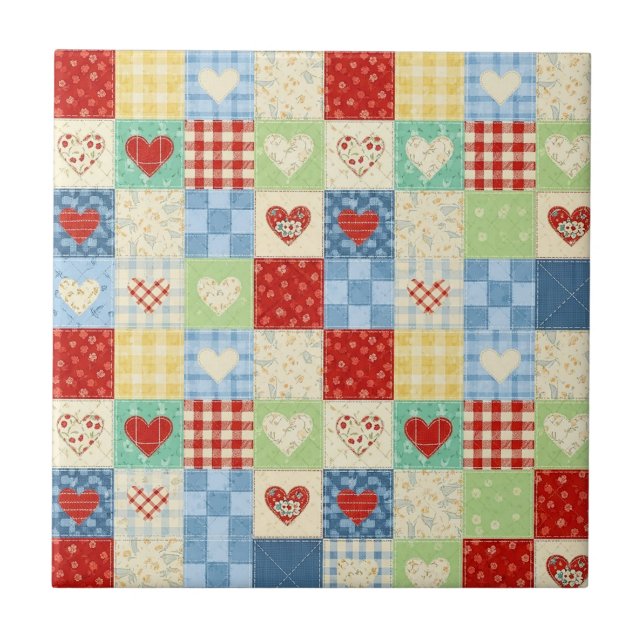 Rustic Patchwork Hearts Picnic Pattern Tile (Front)