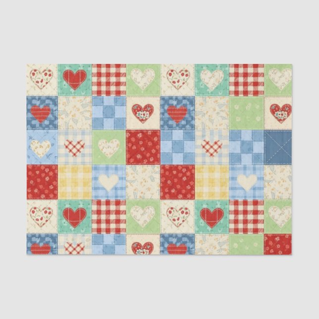 Rustic Patchwork Hearts Picnic Pattern Tissue Paper (Front)