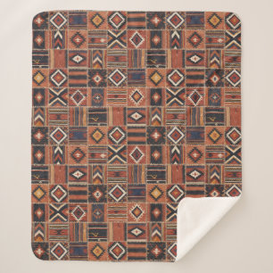 Rustic Patchwork Kilim Geometric Tapestry Sherpa Blanket