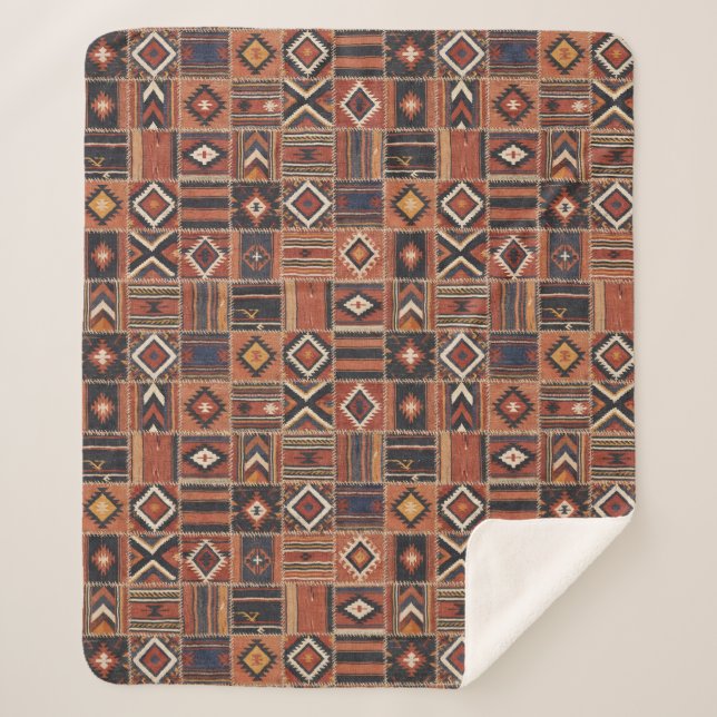 Rustic Patchwork Kilim Geometric Tapestry Sherpa Blanket (Front)