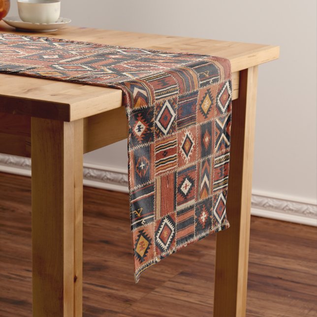 Rustic Patchwork Kilim Geometric Tapestry Short Table Runner (In Situ)