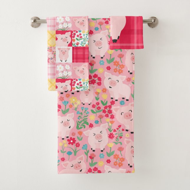 Rustic Patchwork Pig Floral Farm Pink Kids Bath Towel Set (Insitu)