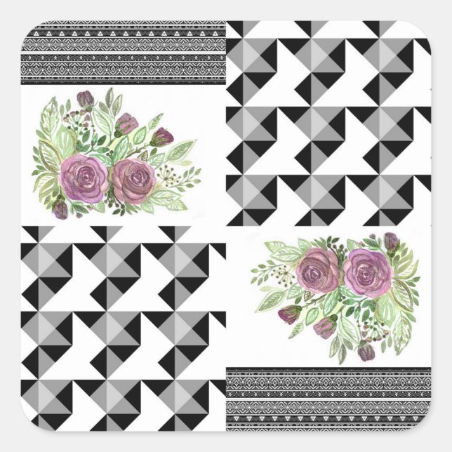 Rustic, patchwork, roses square sticker (Front)