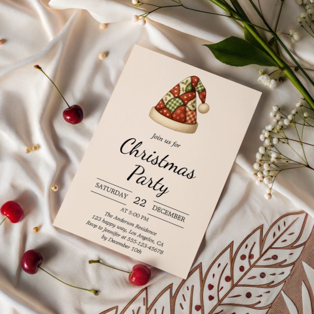 Rustic Patchwork Santa Hat Christmas Party  Invitation (Creator Uploaded)