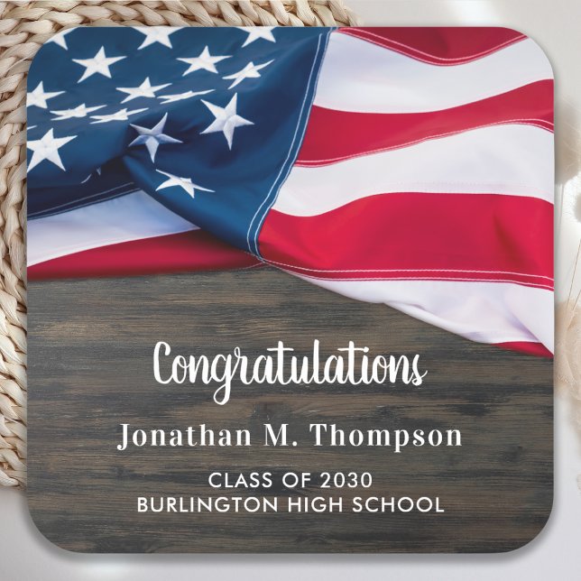 Rustic Patriotic Graduation American Flag Military Square Sticker (Creator Uploaded)