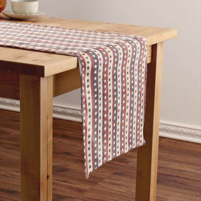 Rustic Patriotic Stars and Stripes Pattern Short Table Runner (In Situ)
