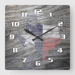 Rustic Patriotic Texas Flag on wood texture Square Wall Clock