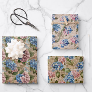 Rustic Pattern Blue Hydrangeas and Pink Flowers Wrapping Paper Sheet