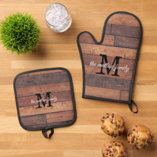 Rustic Pattern Monogram Initials Family Name Oven Mitt & Pot Holder Set