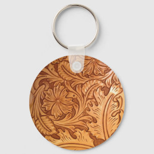Rustic pattern western country tooled leather key ring
