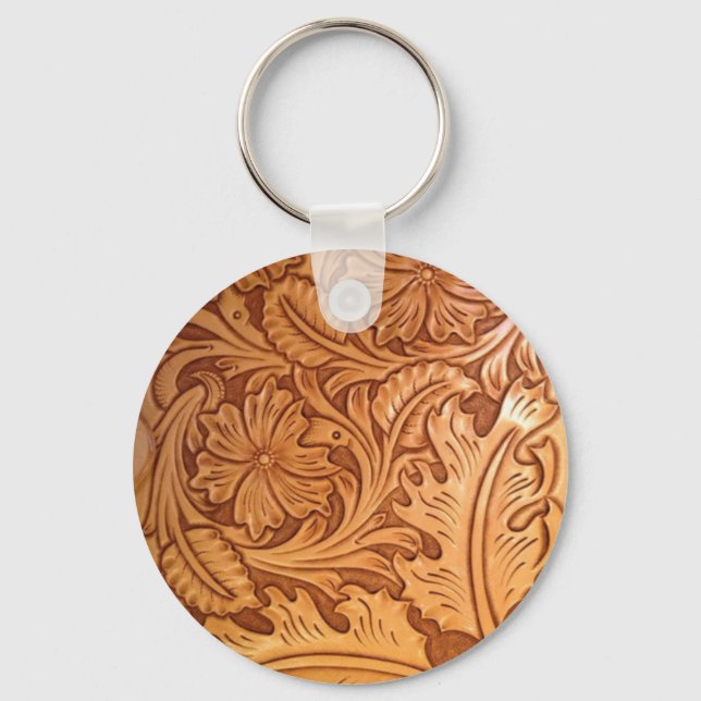 Rustic pattern western country tooled leather key ring (Front)