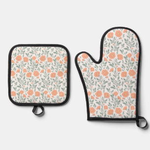 Rustic pattern with pink flowers oven mitt & pot holder set