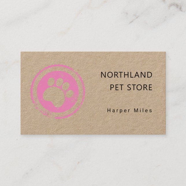 Rustic paw print logo stamp kraft business card (Front)