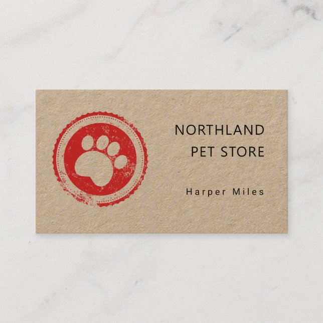 Rustic paw print logo stamp kraft business card (Front)