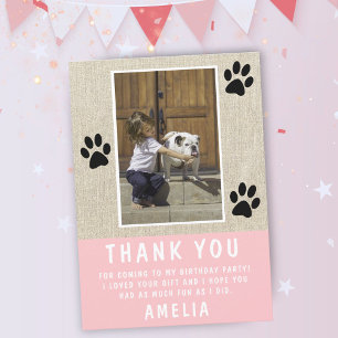 Rustic Paw Print Pink Birthday Photo Thank you Card
