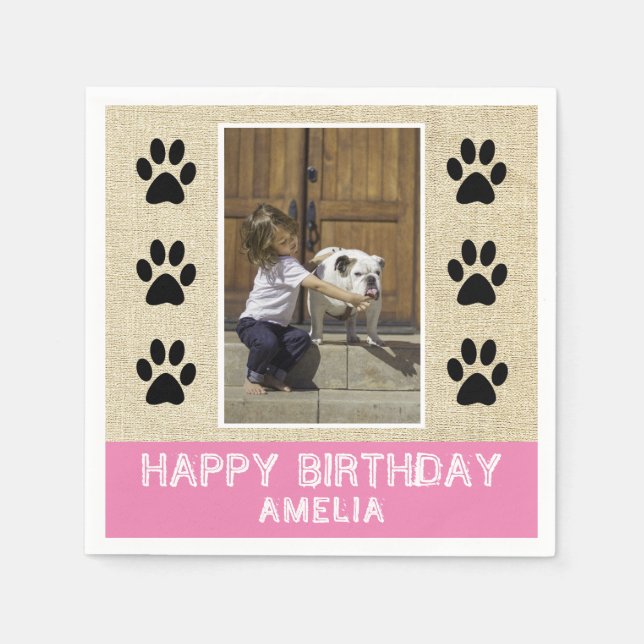 Rustic Paw Prints Kids Name Photo Birthday Party Napkin (Front)