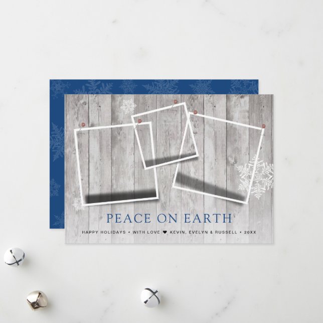 Rustic Peace on Earth 3 Pinned Photos Holiday Card (Front/Back In Situ)