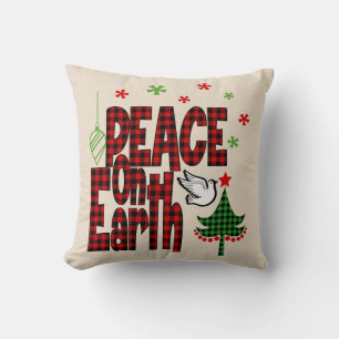 Rustic Peace on Earth Buffalo Plaid Christmas Cushion