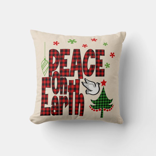 Rustic Peace on Earth Buffalo Plaid Christmas Cushion (Front)