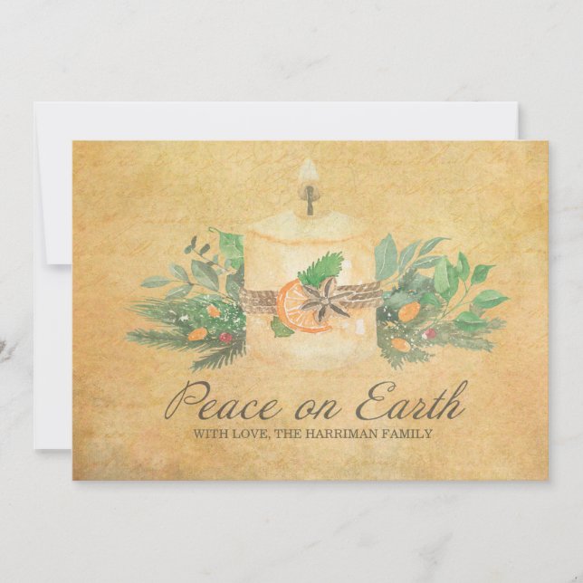 Rustic Peace on Earth Candle Winter Botanical Holiday Card (Front)