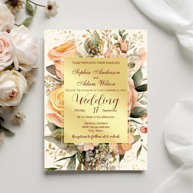 Rustic Peach and Gold Flowers Wedding Invitation (Creator Uploaded)