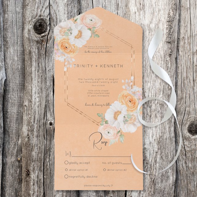 Rustic Peach Blush & White Floral Dinner All In One Invitation (Creator Uploaded)