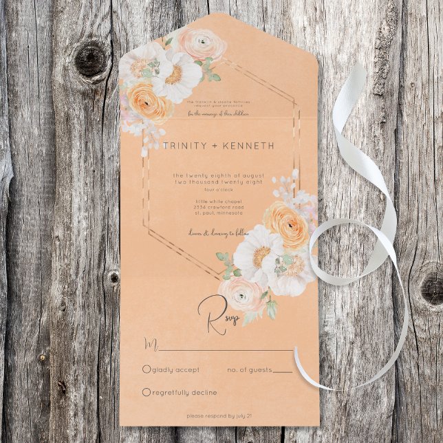 Rustic Peach Blush & White Floral No Dinner All In One Invitation (Creator Uploaded)