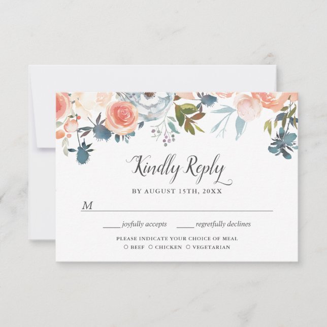 Rustic Peach Botanic Floral RSVP with Meal Choice Card (Front)