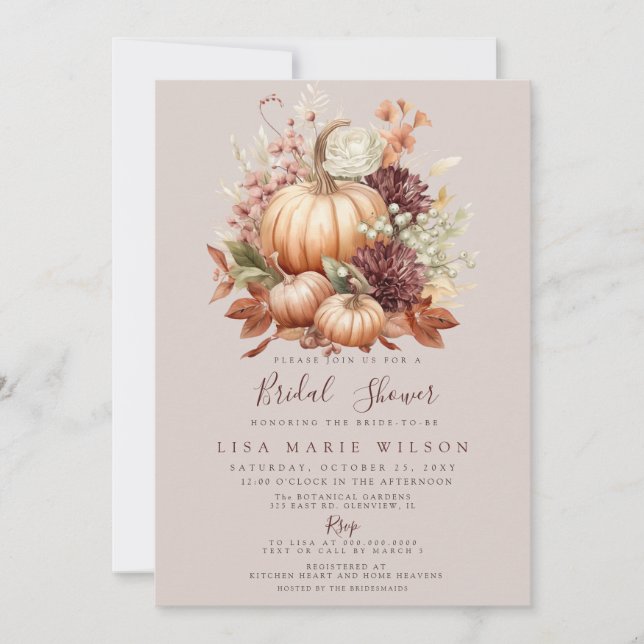 Rustic Peach Burgundy Pumpkins Fall Bridal Shower Invitation (Front)